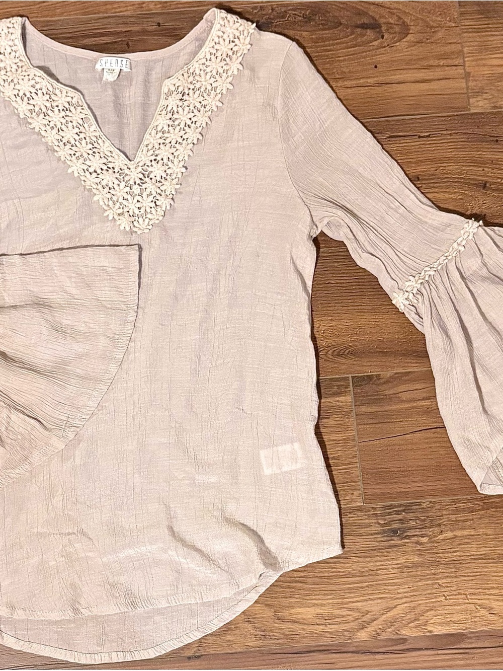 Flying Tomato Dusty Pink Crochet V-Neck Bell Sleeve Tunic